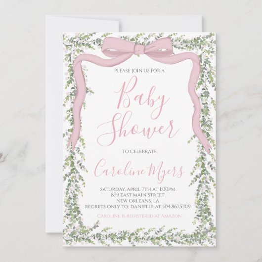 Invitation Pink Preppy Bow ruban Baby shower fille (Devant)