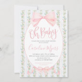 Invitation Pink Preppy Floral Coquette Bow Baby Girl (Devant)