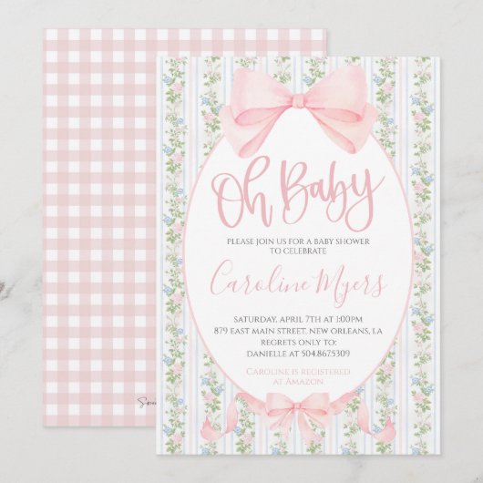 Invitation Pink Preppy Floral Coquette Bow Baby Girl (Devant / Derrière)