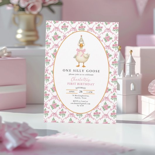 Invitation Pink Preppy One Silly Goose Bow 1st Birthday