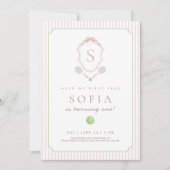 Invitation Pink Preppy Tennis Crest 1st Birthday invite (Devant)