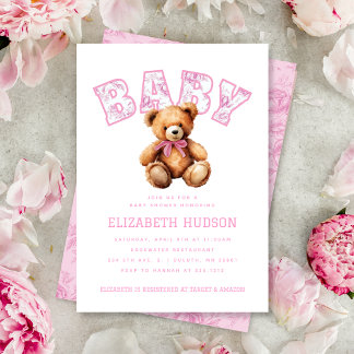 Invitation Pink Preppy Varsity Teddy Bear Baby Shower