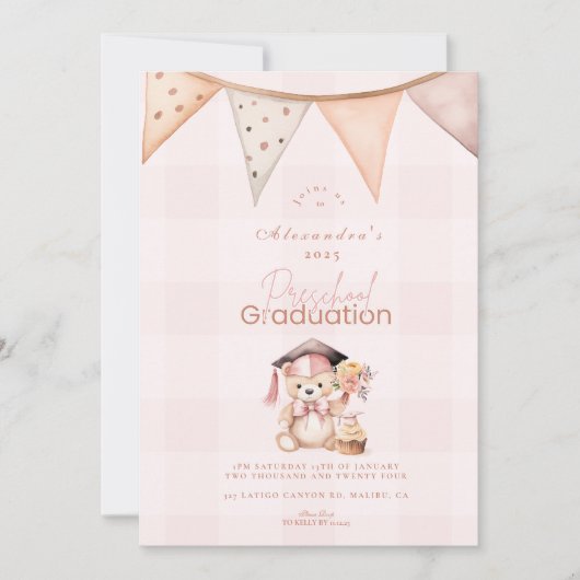 Invitation Pink Preschool Teddy Bear Graduation (Devant)