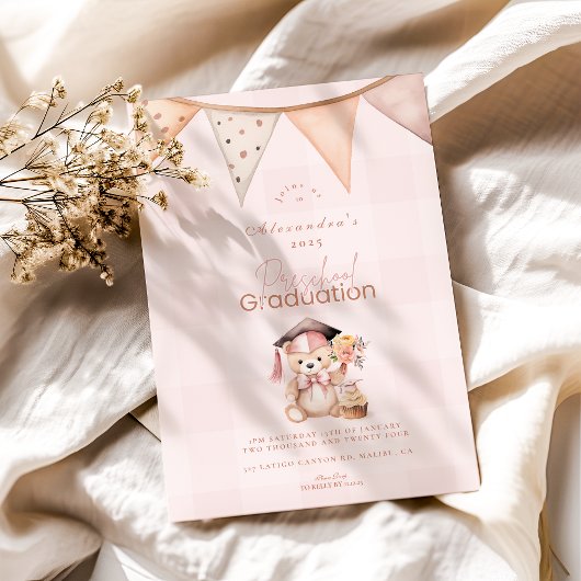 Invitation Pink Preschool Teddy Bear Graduation