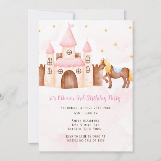 Invitation Pink Princess Castle Horse fête d'anniversaire (Devant)