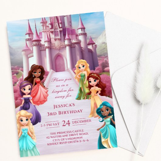 Invitation Pink Princess Castle Royal Kid Girl Anniversaire