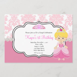 Invitation Pink Princess cheveux blonds Damask et perles
