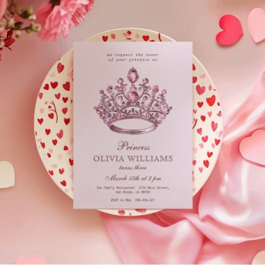 Invitation Pink Princess Crown Élégante fête d'anniversaire