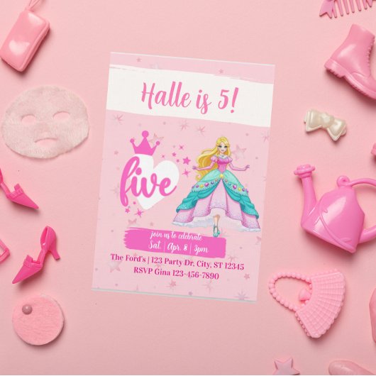 Invitation Pink Princess Doll, 5th Birthday