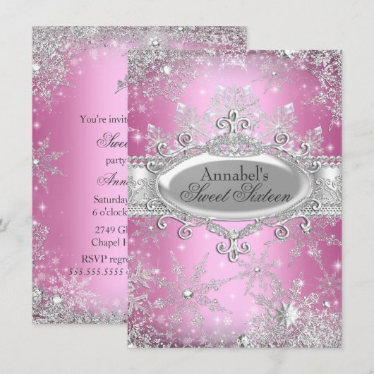 Invitation Pink Princess Winter Wonderland Sweet 16 Invitatio (Devant / Derrière)