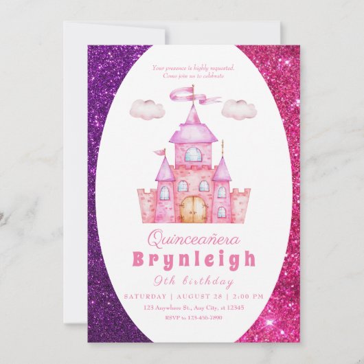 Invitation Pink princesse château fille fête d'anniversaire (Devant)