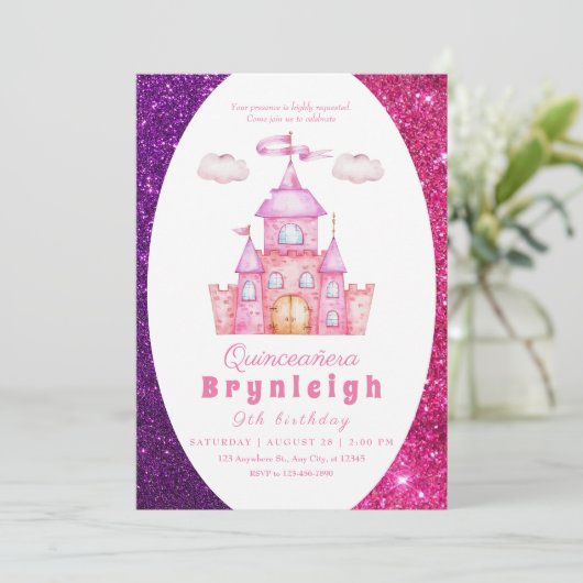 Invitation Pink princesse château fille fête d'anniversaire (Debout devant)