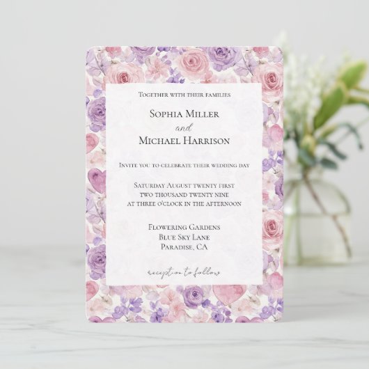 Invitation Pink Purple Blush Flowers Hearts Wedding (Debout devant)