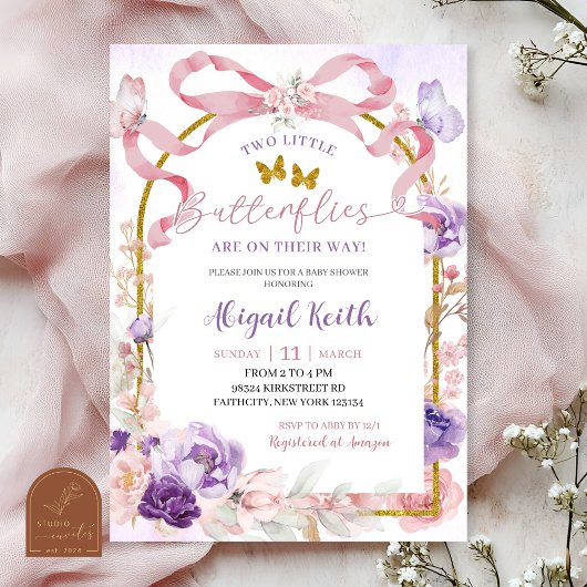 Invitation Pink Purple Bow Coquette Twins Butterfly