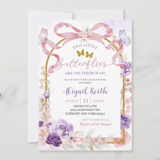 Invitation Pink Purple Bow Coquette Twins Butterfly Invitatio (Devant)