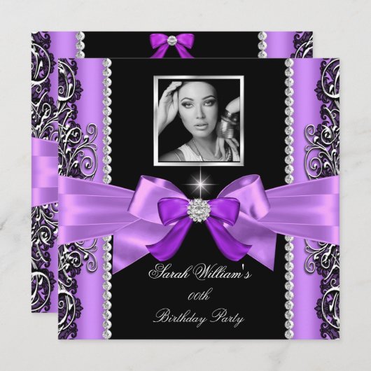 Invitation Pink Purple Bow fête d'anniversaire Black Silver P (Devant / Derrière)
