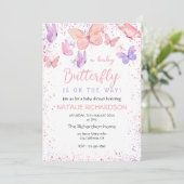 Invitation Pink Purple Butterfly Baby Shower  (Debout devant)