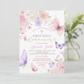 Invitation Pink Purple Butterfly Girl First Holy Communion (Debout devant)