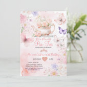 Invitation Pink Purple Butterfly Princess ParTea Birthday  (Debout devant)