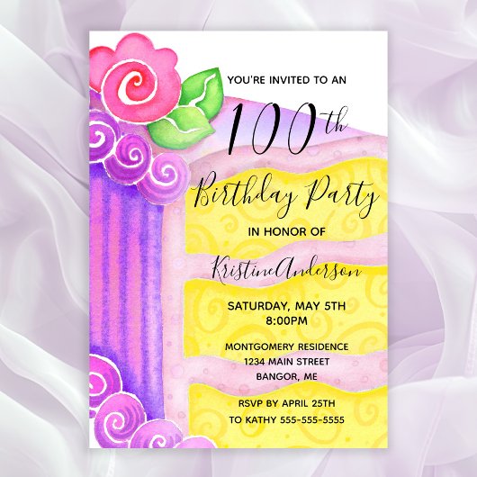 Invitation Pink Purple Cake Floral 100e fête d'anniversaire