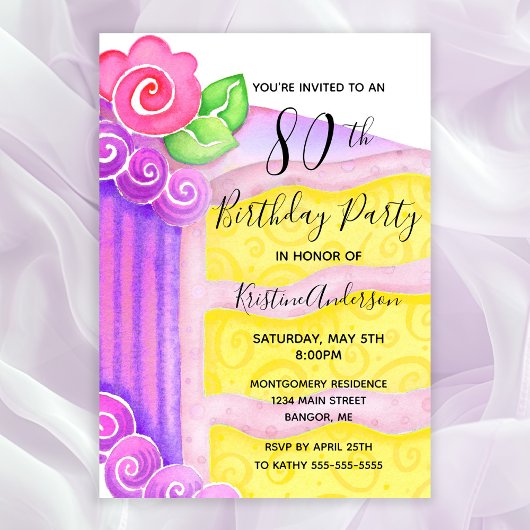 Invitation Pink Purple Cake Floral 80e fête d'anniversaire