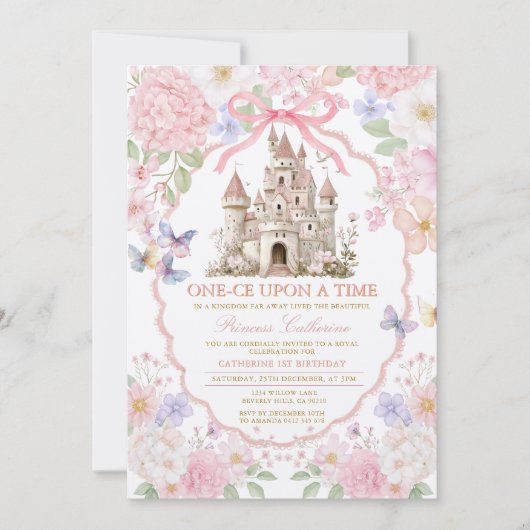 Invitation Pink Purple castle Butterflies Royal 1st Birthday  (Devant)
