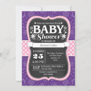 Invitation Pink Purple Chalkboard Floral Baby shower Invitati