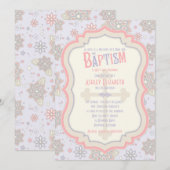 Invitation Pink Purple Floral Cross Baptism (Devant / Derrière)