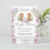 Invitation Pink Purple Floral Ours Tea Twins Baby shower (Debout devant)