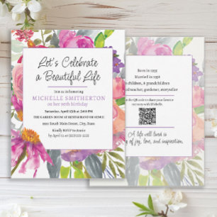 Invitation Pink Purple Floral QR Code 90e anniversaire