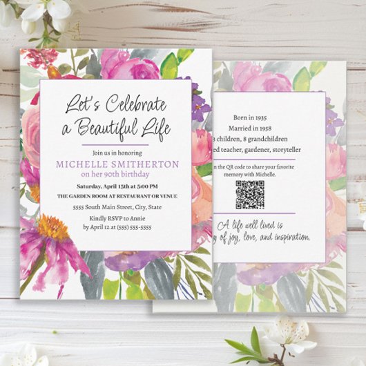 Invitation Pink Purple Floral QR Code 90e anniversaire