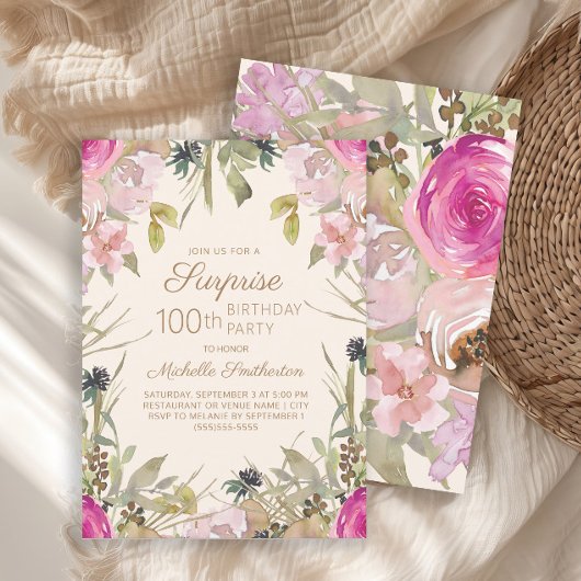 Invitation Pink Purple Floral Surprise 100e anniversaire