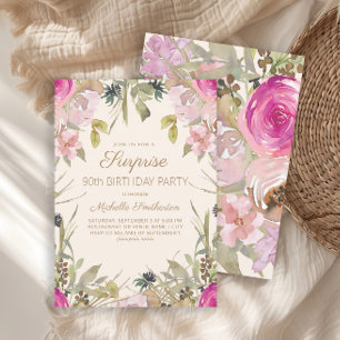 Invitation Pink Purple Floral Surprise 90e Anniversaire Invit