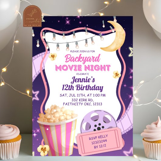 Invitation Pink Purple Girl Backyard Movie Night Birthday