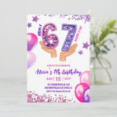 Invitation Pink Purple Glitter hand 67 Birthday Party (Debout devant)