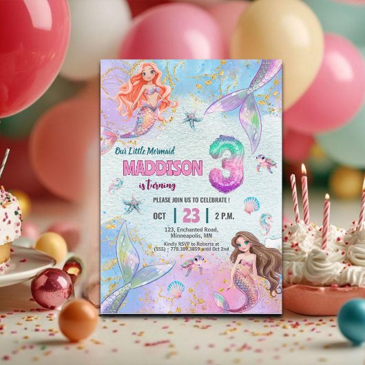 Invitation Pink Purple Glitter Mermaids 3rd Birthday Party