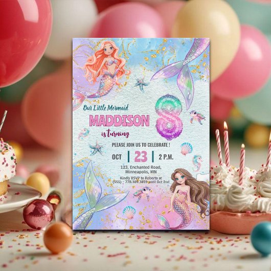 Invitation Pink Purple Glitter Mermaids 8th Birthday Party