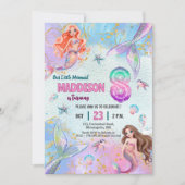 Invitation Pink Purple Glitter Mermaids 8th Birthday Party (Devant)