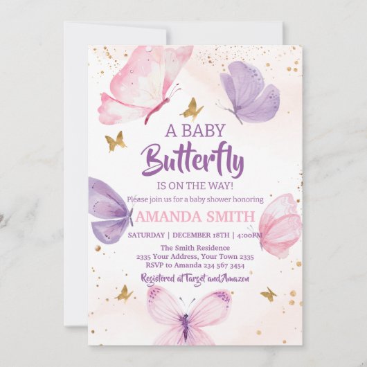 Invitation  Pink Purple Gold Butterfly Baby Shower (Devant)
