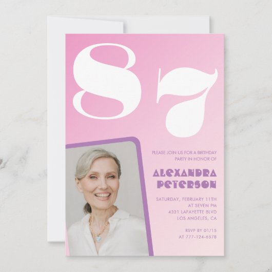Invitation Pink Purple Gradient Photo 87e anniversaire (Devant)
