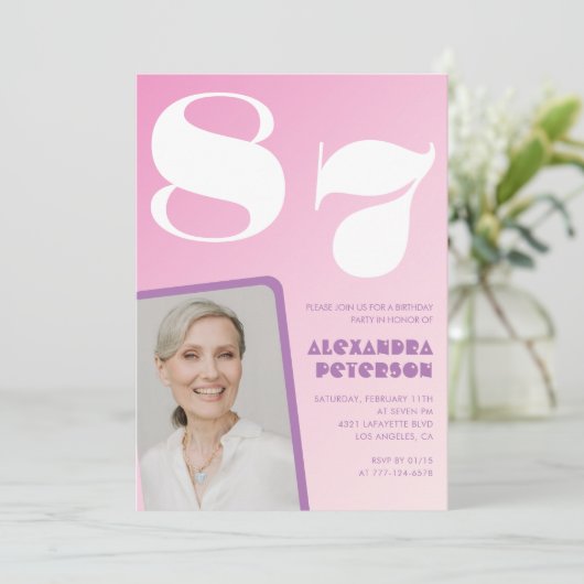 Invitation Pink Purple Gradient Photo 87e anniversaire (Debout devant)