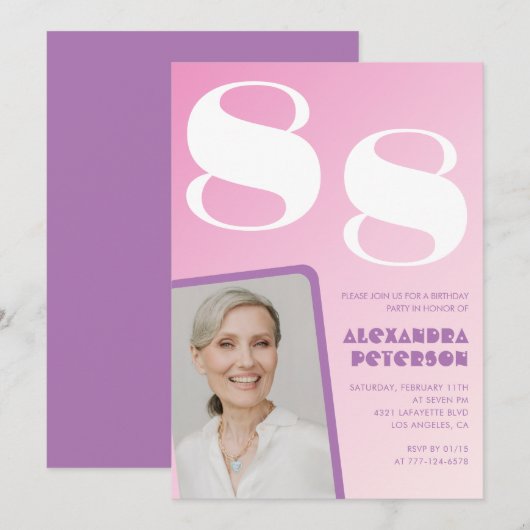 Invitation Pink Purple Gradient Photo 88e anniversaire (Devant / Derrière)