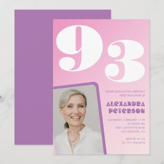 Invitation Pink Purple Gradient Photo 93e anniversaire (Devant / Derrière)