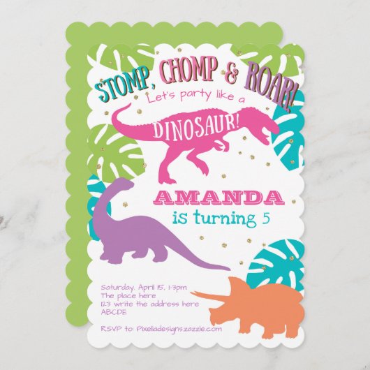 Invitation Pink, Purple, Green, Girl, Dinosaur Anniversaire (Devant / Derrière)