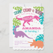 Invitation Pink, Purple, Green, Girl, Dinosaur Anniversaire (Devant)
