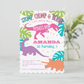 Invitation Pink, Purple, Green, Girl, Dinosaur Anniversaire (Debout devant)