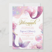 Invitation Pink Purple Little Two Mermaids Twins Anniversaire (Devant)