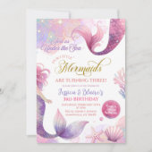 Invitation Pink Purple Little Two Mermaids Twins Anniversaire (Devant)