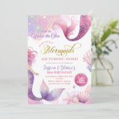 Invitation Pink Purple Little Two Mermaids Twins Anniversaire (Debout devant)