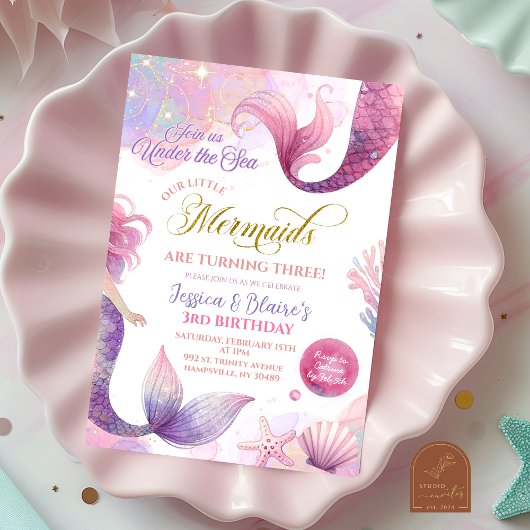 Invitation Pink Purple Little Two Mermaids Twins Anniversaire